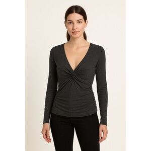 FRAME Charcoal V-Neck Twist Front Top Small Ruched Modal Long Sleeve Blouse NWOT